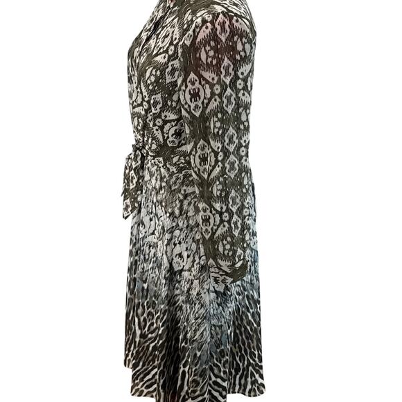 Donna Ricco Green Black Sheer Geometric Animal Tie Front Long Sleeve Dress 12 - Picture 5 of 9